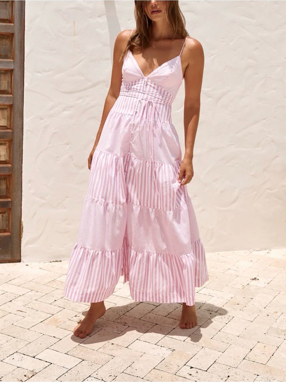 Popvil Pink White Striped Tiered Maxi Dress Smocked Waist Vacation Size L